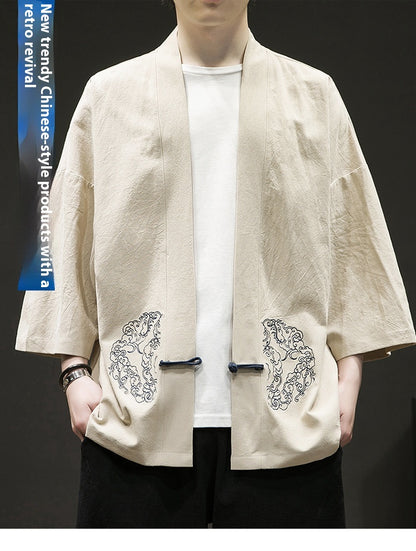 Mens Chinese Style Layman Hanfu Jacket Summer Zen Tea Robe Retro Top