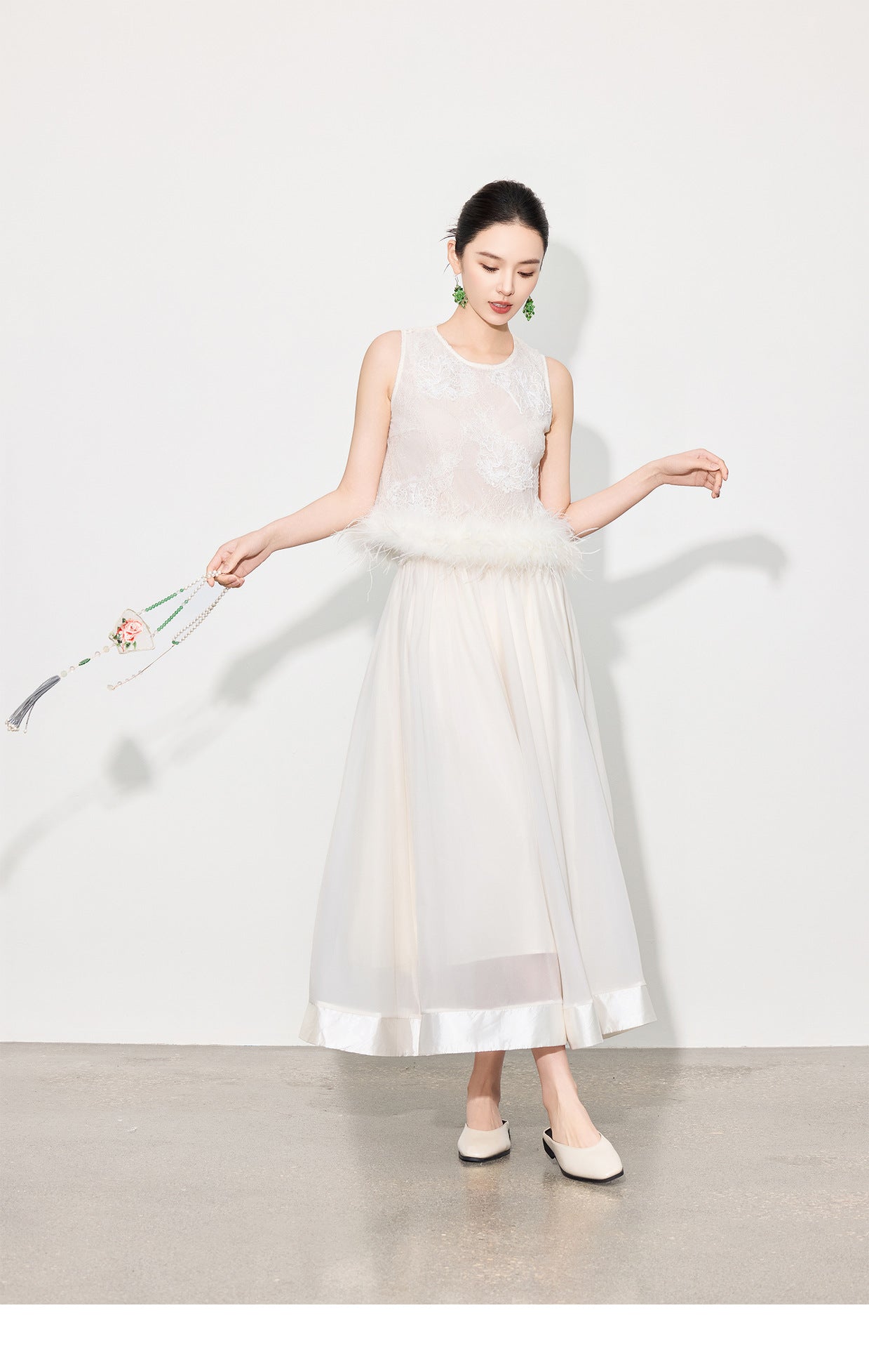 Double-Layer Mesh Patchwork Long Skirt with Elastic Waist