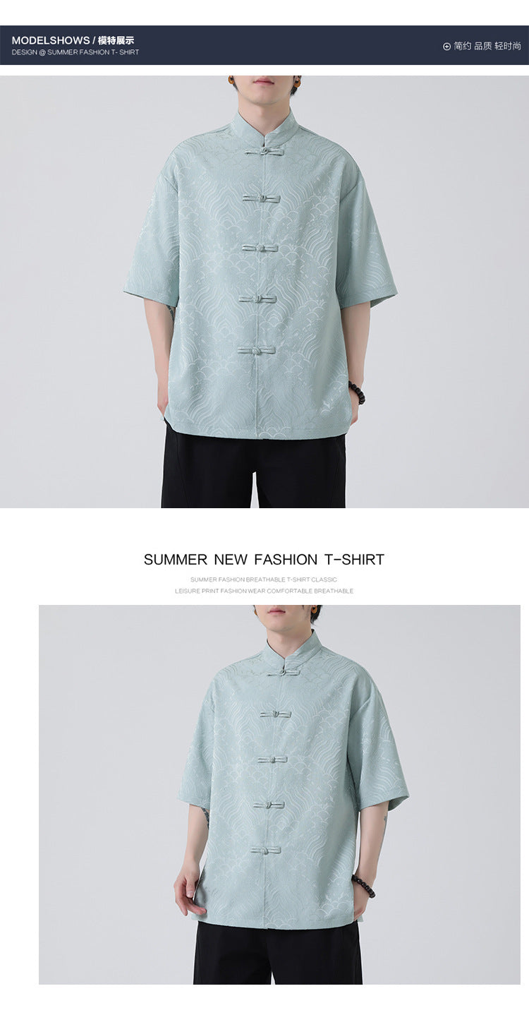 New Chinese Style Tang Shirt — Men’s Short-Sleeve Retro Button-Up Top