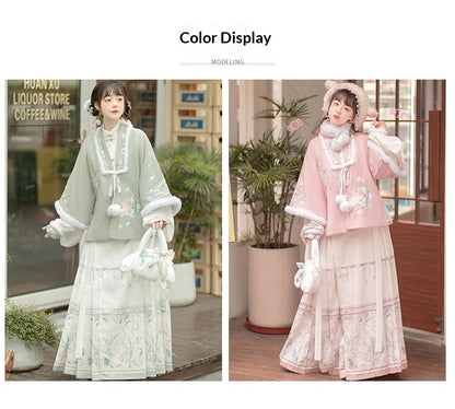 Trees of Sea Women Ming Hanfu Set: Fleece Lined Embroidered Collared Jacket & Horse Face Skirt New Year Outfit