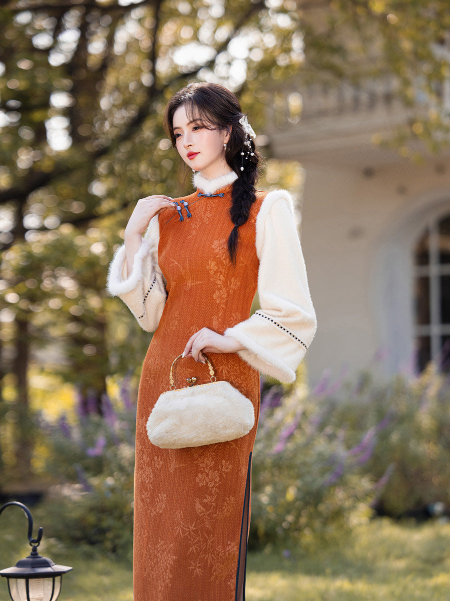 2025 Winter Chenille Fleece Long Cheongsam Patchwork New Chinese Style