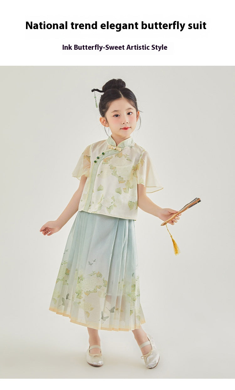 New Chinese Style Girls Outfit — Short Sleeve Shirt & Pleated Skirt
