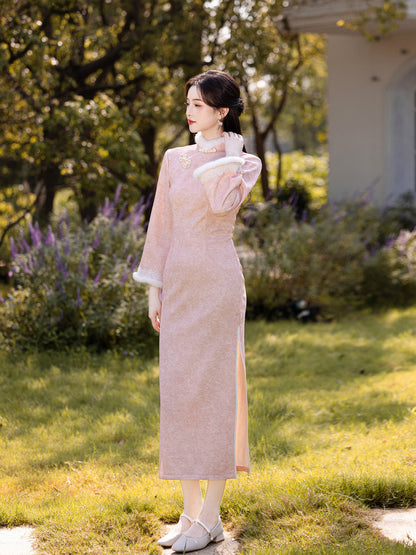 2025 New Pink Chinese Style Qipao | Warm Elegant Thickened Winter Dress