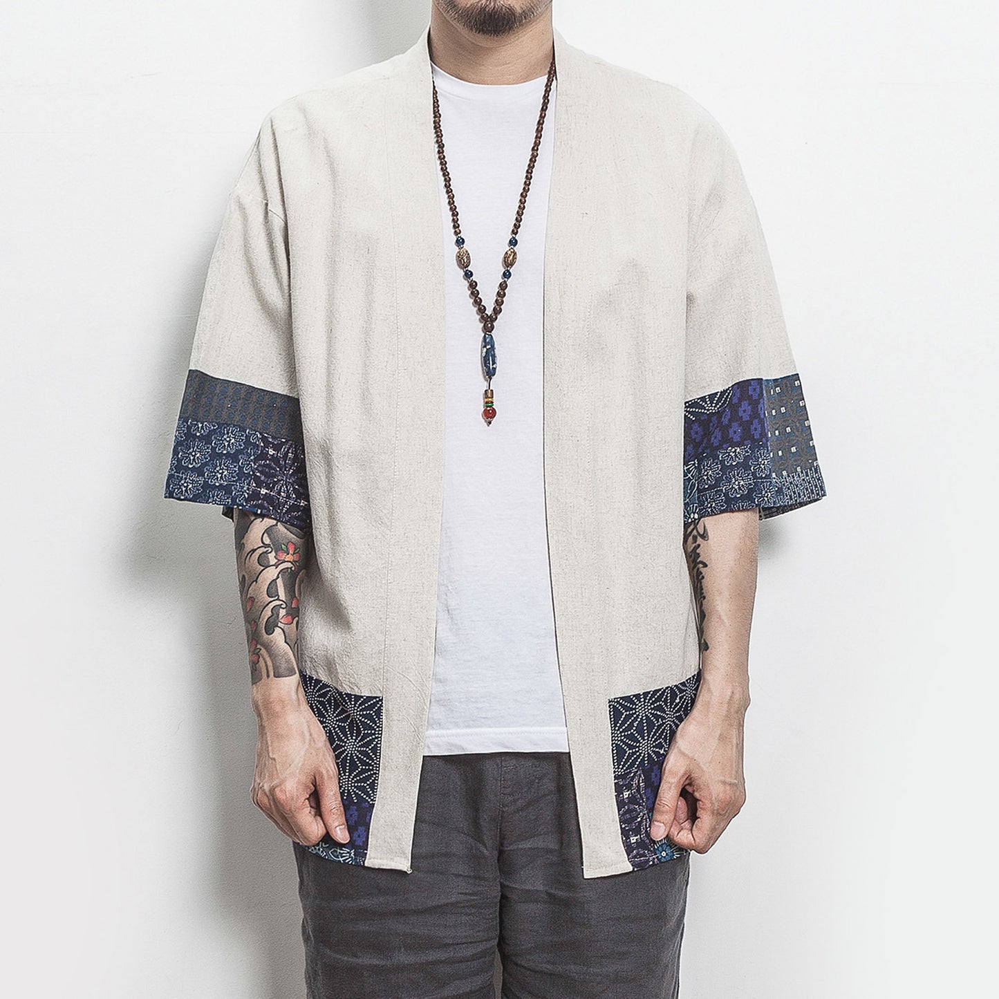 Summer Chinese Hanfu Cardigan Men’s Cotton Linen Patchwork Robe