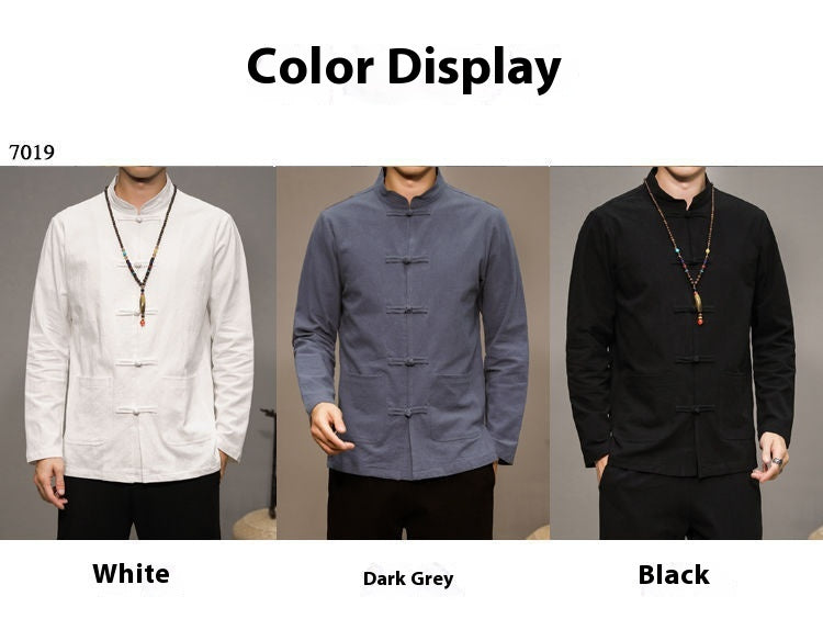 Men’s Chinese Style Cotton Linen Tang Shirt Long Sleeve Casual Retro
