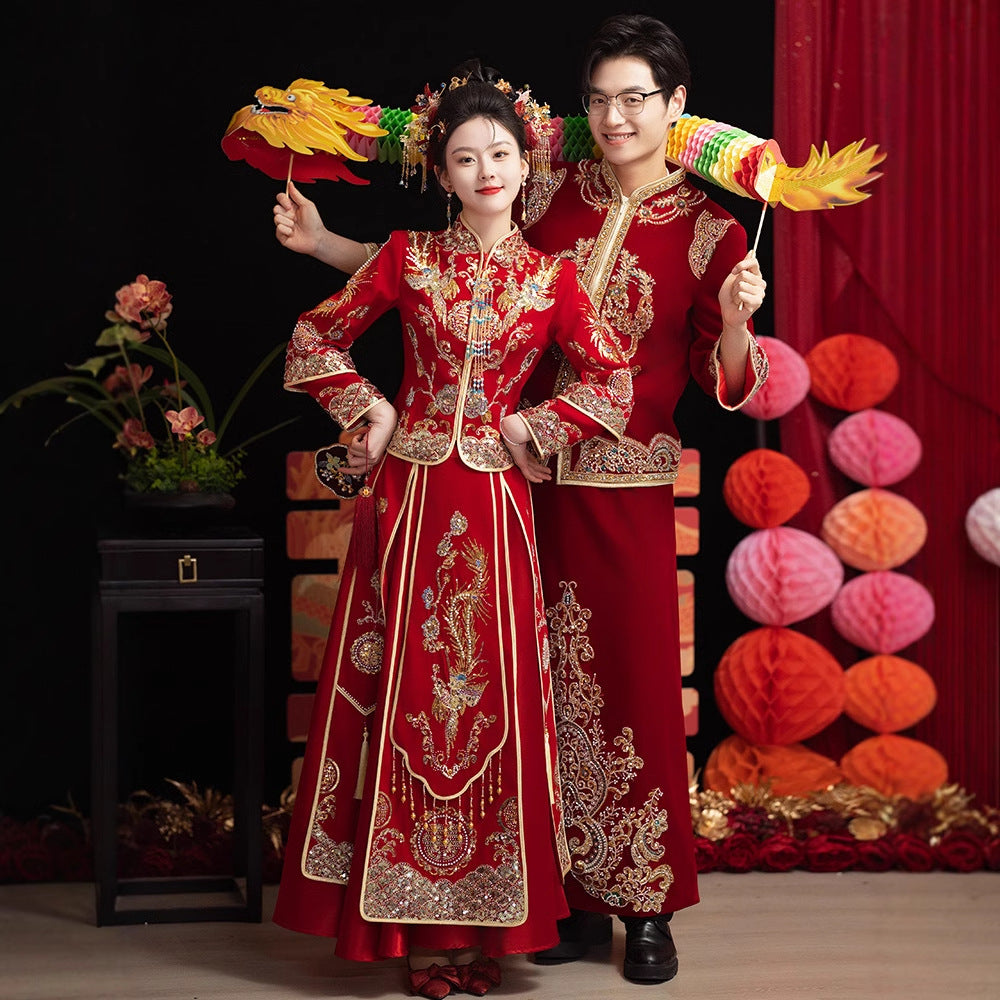 Chinese Wedding Xiuhe Dress Bride Velvet Toast Suit Set