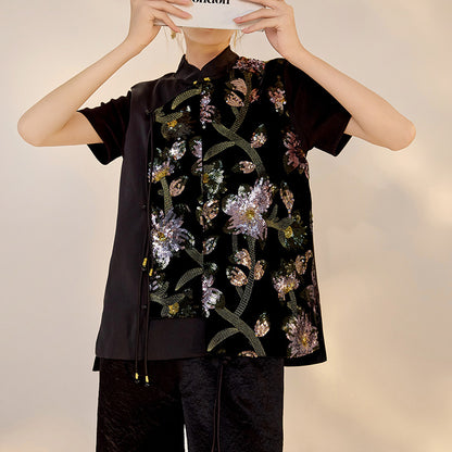 Summer Sequin Asymmetrical Vest Top High-End National Style