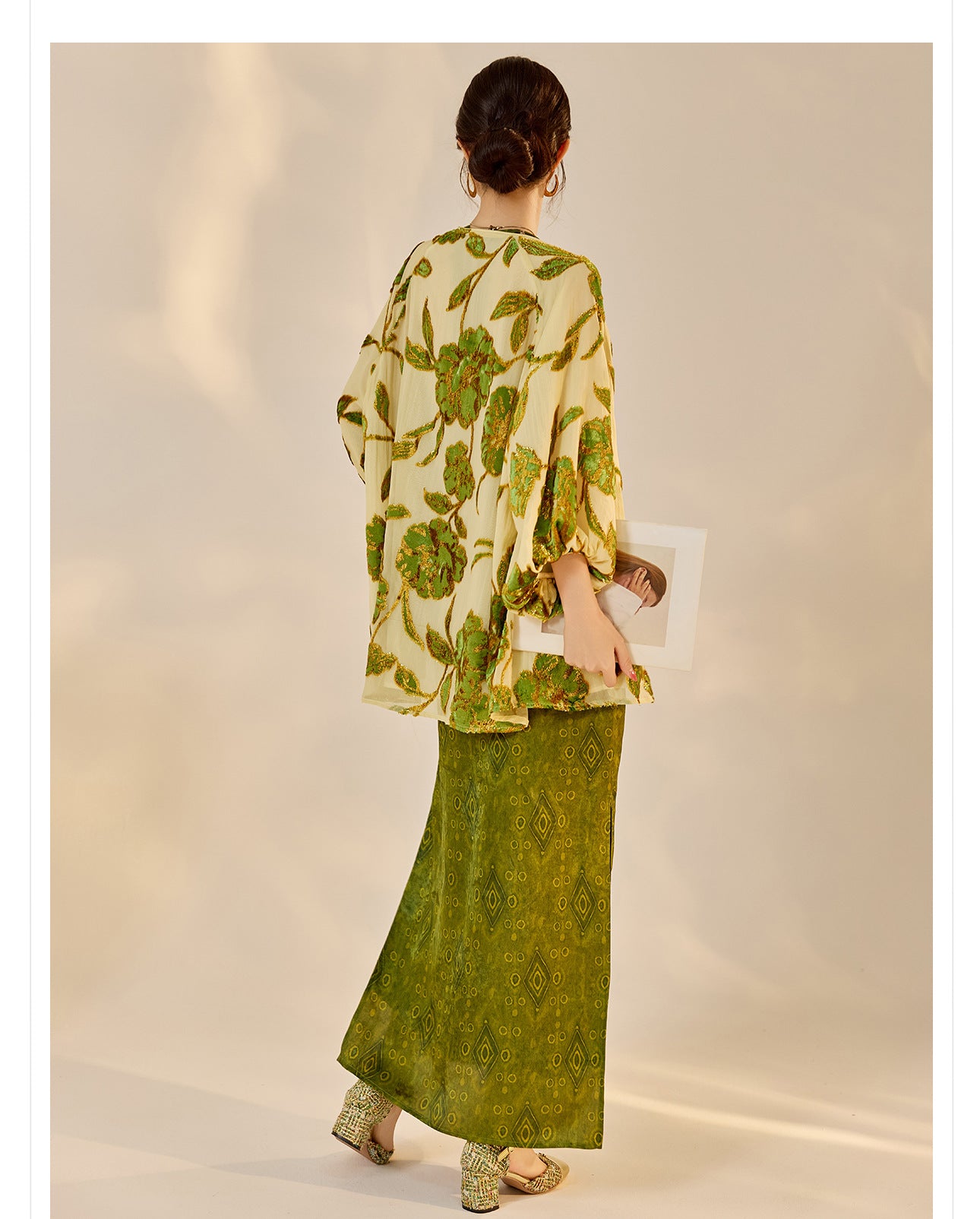 Velvet Burnout Jacket & Printed Cardigan Dress Set for Autumn