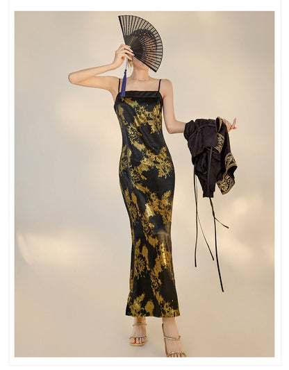 Summer New Chinese Printed Rayon Shirt & Strap Dress Set