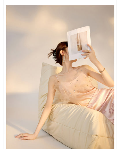 New Chinese Style Beaded Floral Acetate Top | Elegant Short Camisole