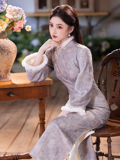 New Chinese Style Purple Qipao | Thickened Warm Retro Winter Dress