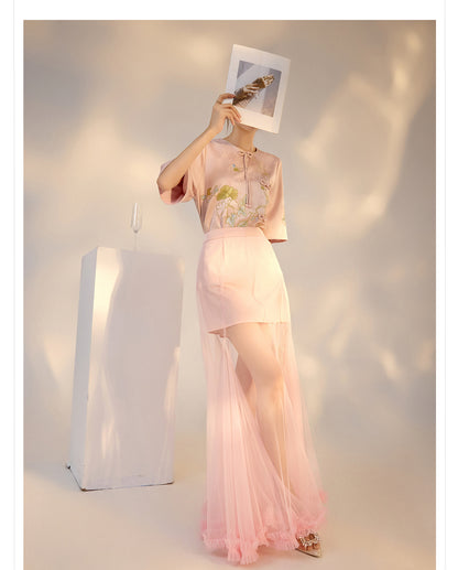 Summer New Chinese Style Embroidered Printed Top and Skirt Set