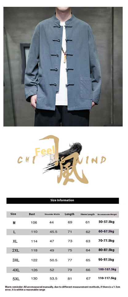 Mens Autumn Chinese Style Hanfu Tang Suit Button Up Cotton Linen Top