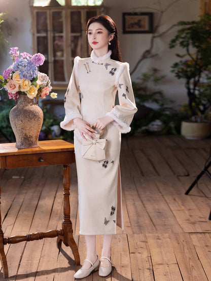 White Fleece-Lined Winter Qipao | Thickened Long-Sleeve Retro Dress 2025