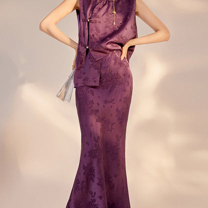 2026New Chinese Style Super Beautiful Purple Printed Rayon Vest and Skirt Early Autumn Set for Women