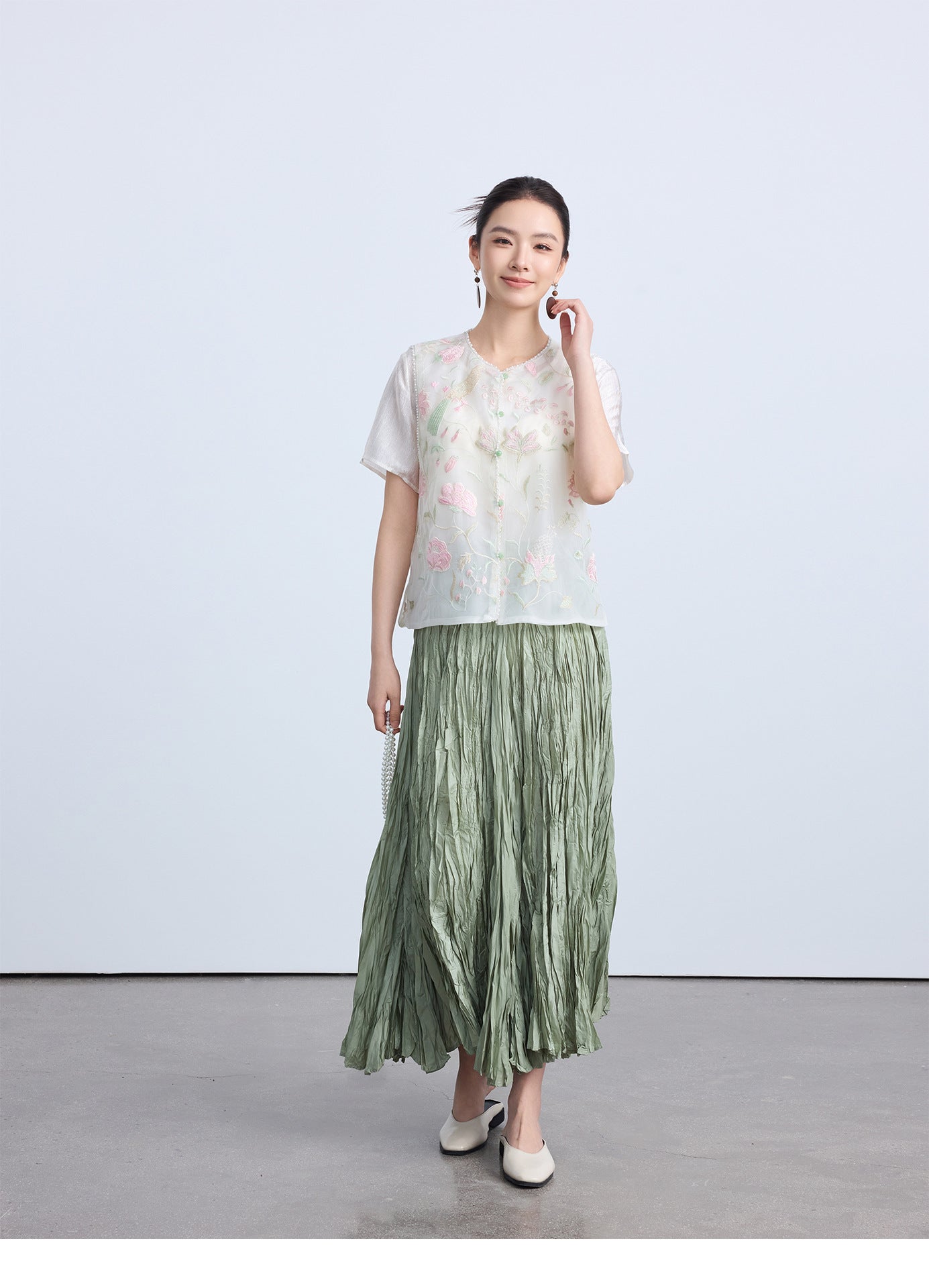 High-Waist Pleated Midi Skirt with Elastic Waist