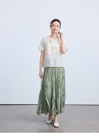 High-Waist Pleated Midi Skirt with Elastic Waist