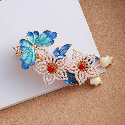 Blue Enamel Hair Clip Chinese Style Pearl Tassel Butterfly Hairpin