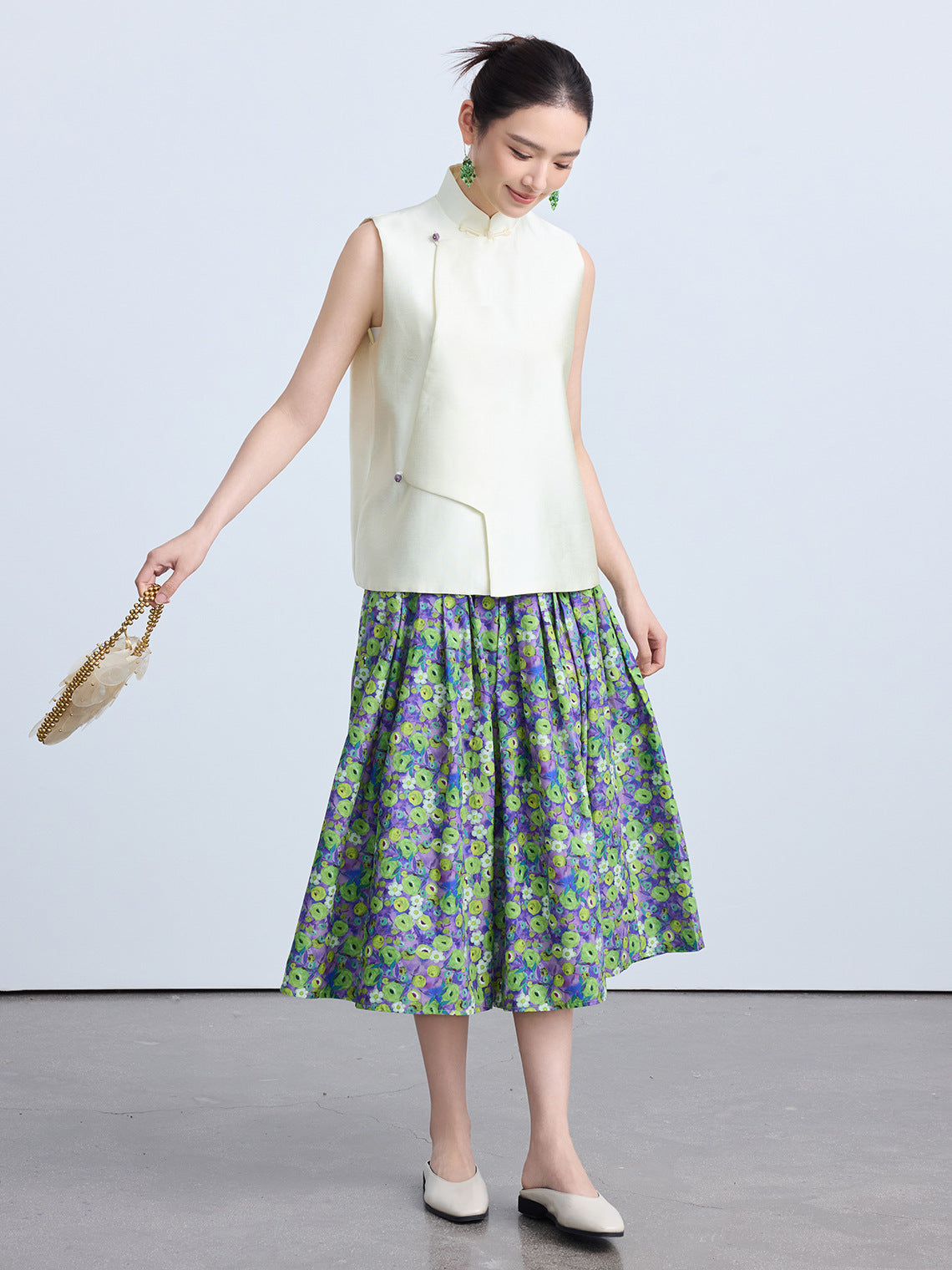 High-End Green Floral Midi Skirt with Elastic Waist
