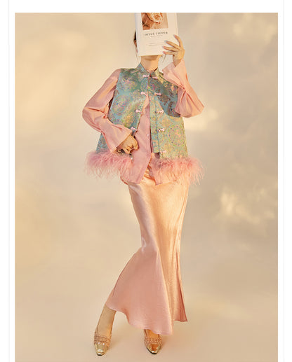Ostrich Feather Detachable Vest – Elegant New Chinese Style Top