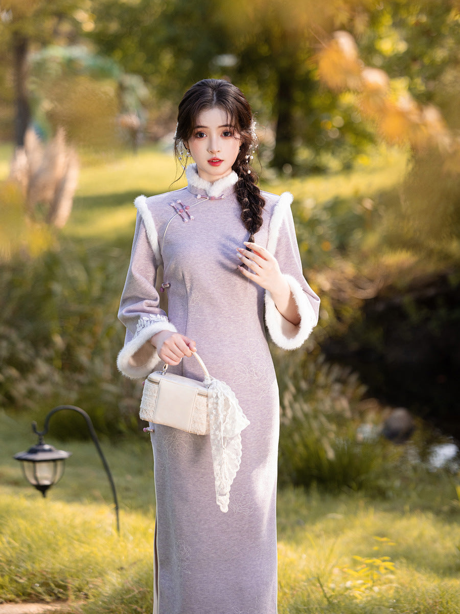 Embroidered National Style Qipao | Inverted Sleeve Winter Thickened Dress