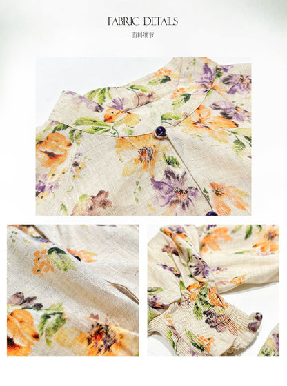 National Style Linen Floral Shirt & Skirt Two-Piece Set