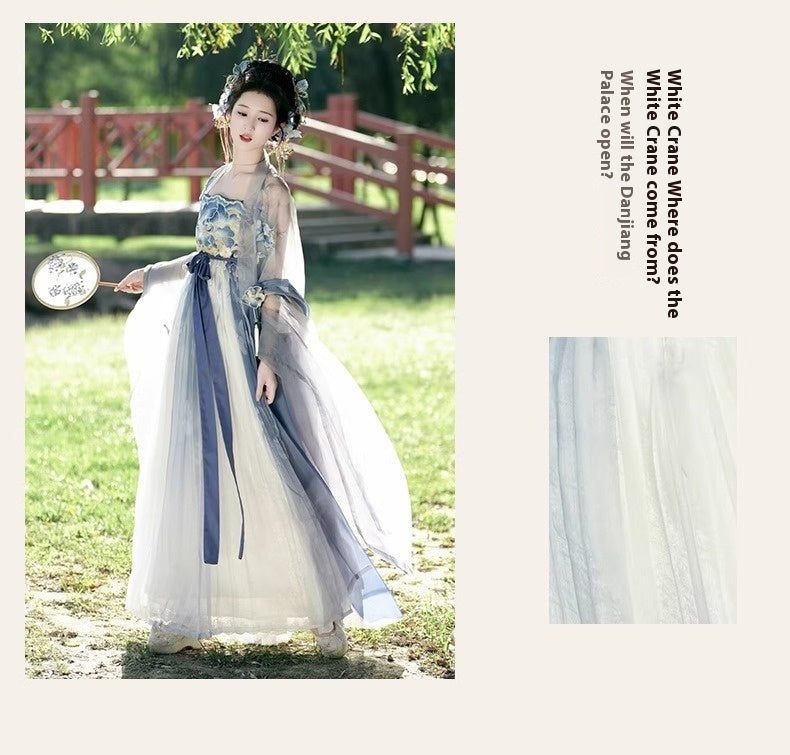 Fairy Hanfu Costume — Hibiscus Embroidered Shirt & Flowing Skirt Outfit