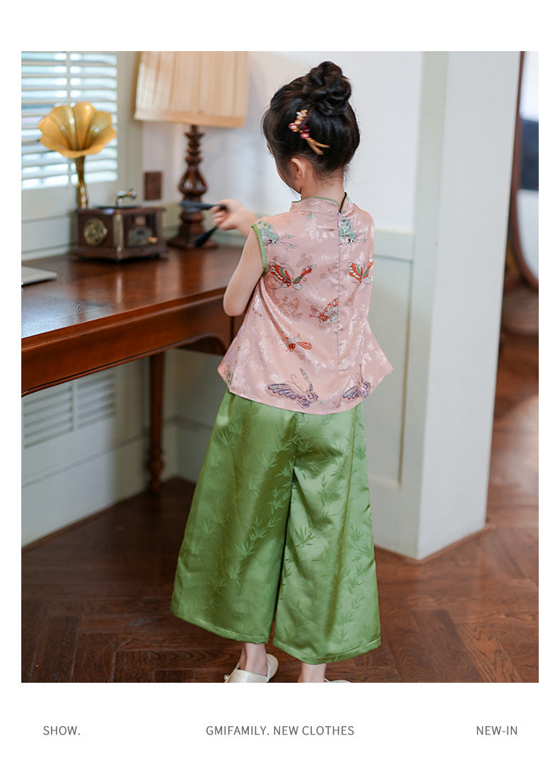 Retro Chinese Style Girls Two-Piece — Summer Cheongsam Top & Skirt