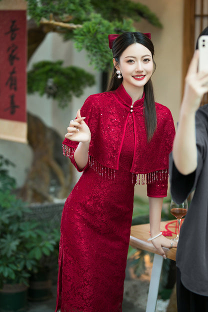 Elegant Red Two-Piece Cheongsam – Autumn Wedding Event Dress