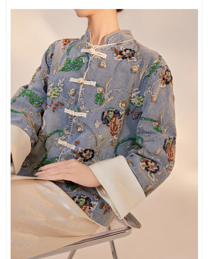 Blue Sequin Embroidered Denim Jacket High-End New Chinese Style