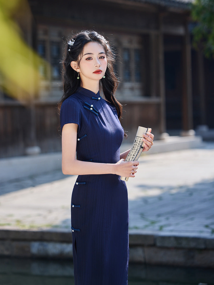 Striped Cotton Linen Cheongsam – 2025 Vintage Artistic Dress
