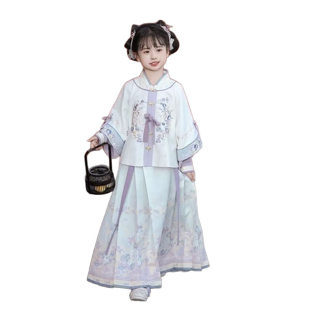 Girls’ Spring Autumn Hanfu | Ancient Style Ming Dynasty Horse Face Dress Set