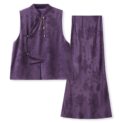 2026New Chinese Style Super Beautiful Purple Printed Rayon Vest and Skirt Early Autumn Set for Women