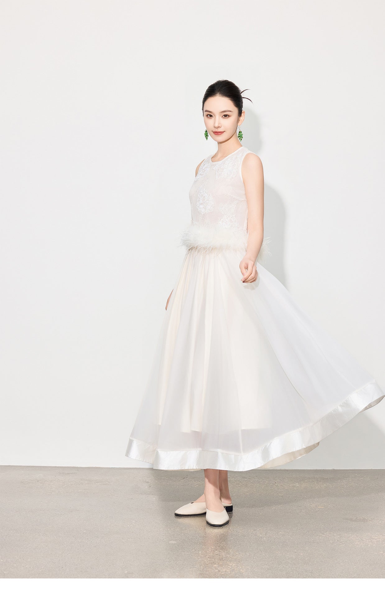 Double-Layer Mesh Patchwork Long Skirt with Elastic Waist