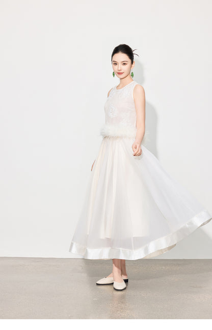 Double-Layer Mesh Patchwork Long Skirt with Elastic Waist