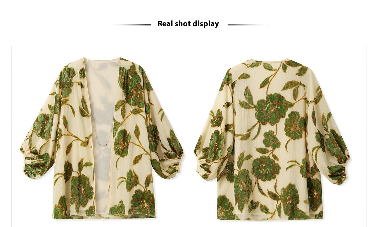 Velvet Burnout Jacket & Printed Cardigan Dress Set for Autumn