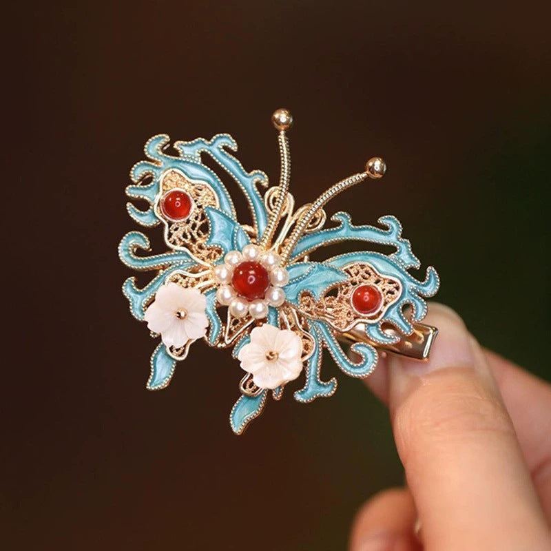 Blue Enamel Hair Clip Chinese Style Pearl Tassel Butterfly Hairpin