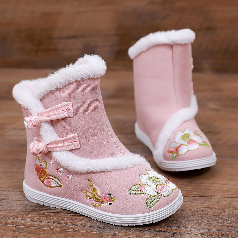 Girls’ Winter Hanfu Shoes | Fleece-Lined Embroidered Non-Slip Cotton Boots