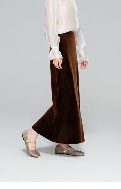 Slimming High-Waist Silk Velvet Midi Skirt for Women