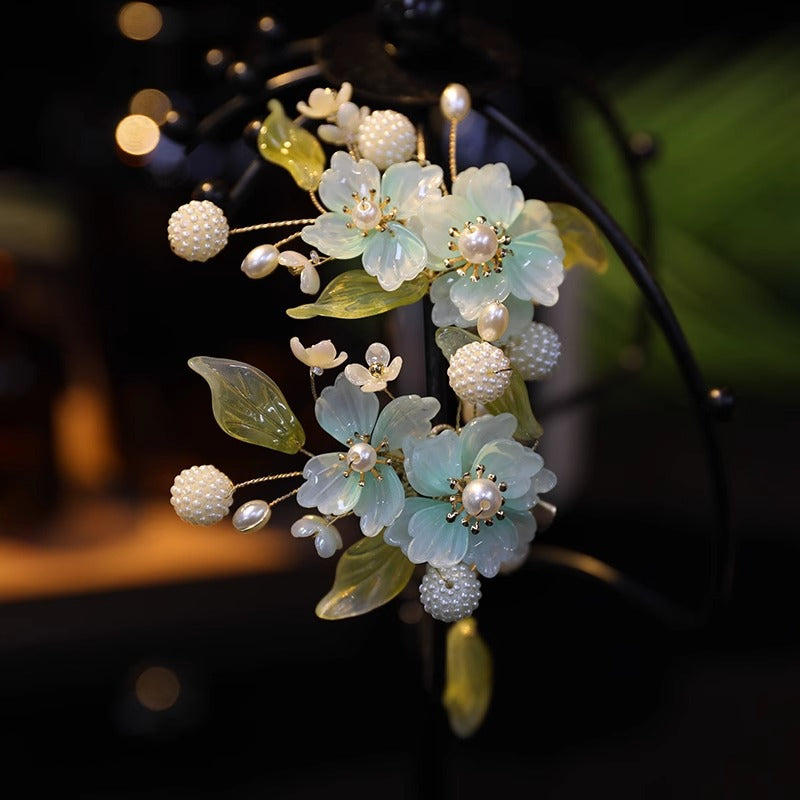 Orchid tassel headdress with side clips and new Chinese flower hairpins