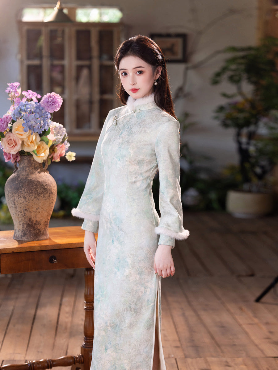 Elegant Satin Beaded Winter Qipao | Fleece-Lined Thickened Long Dress
