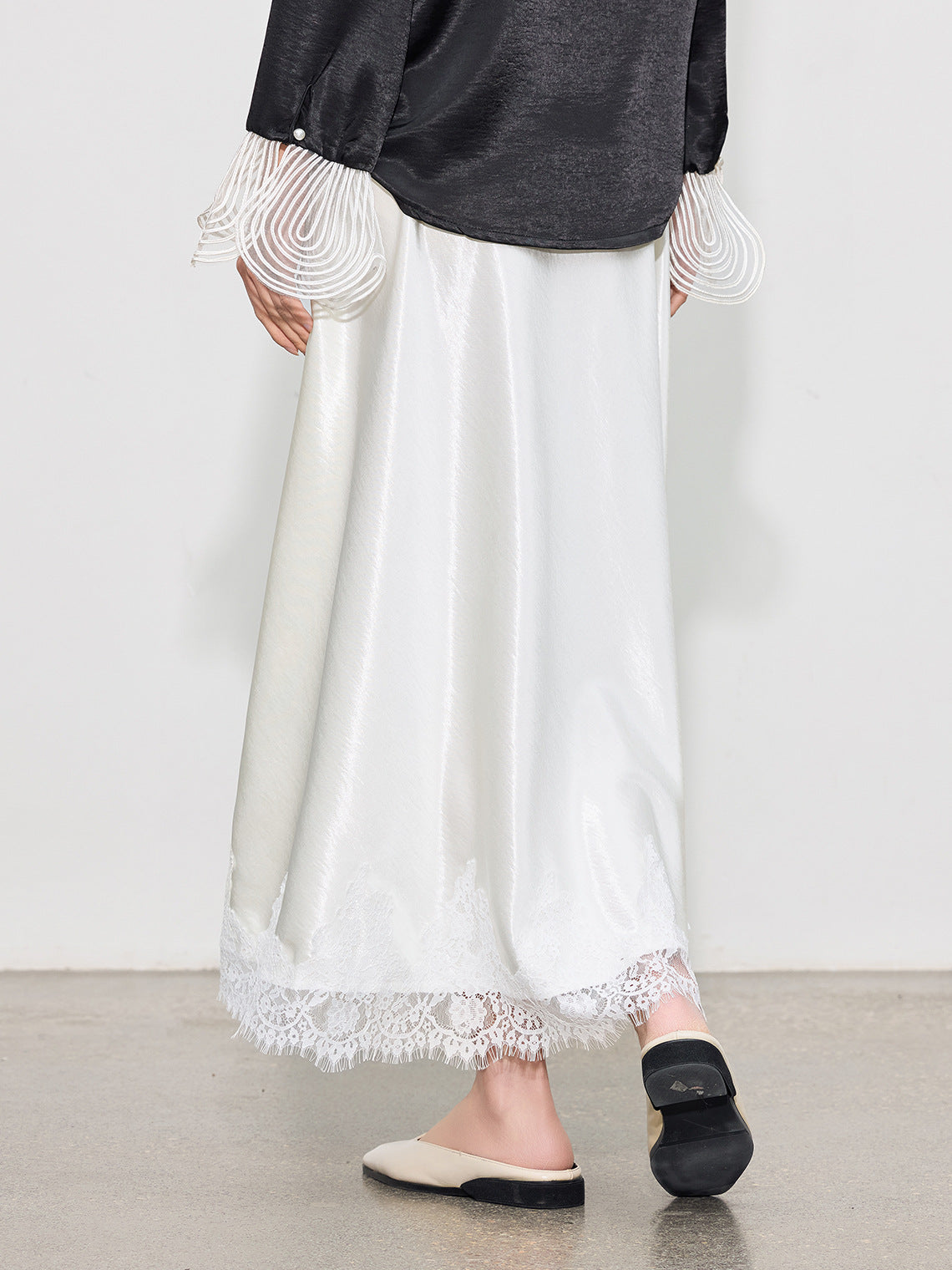 Elegant High-Waist Satin Lace Patchwork Skirt