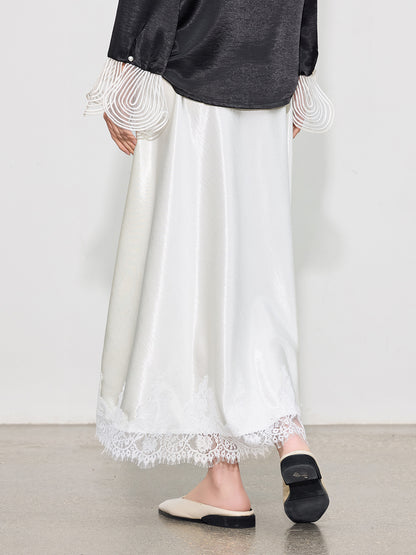 Elegant High-Waist Satin Lace Patchwork Skirt