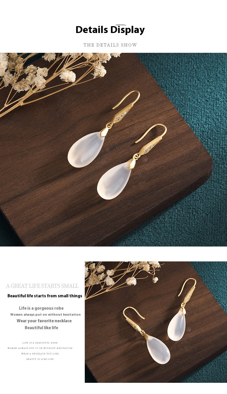 Classical Chinese Earrings | Elegant Agate Chalcedony Silver Jewelry for Women