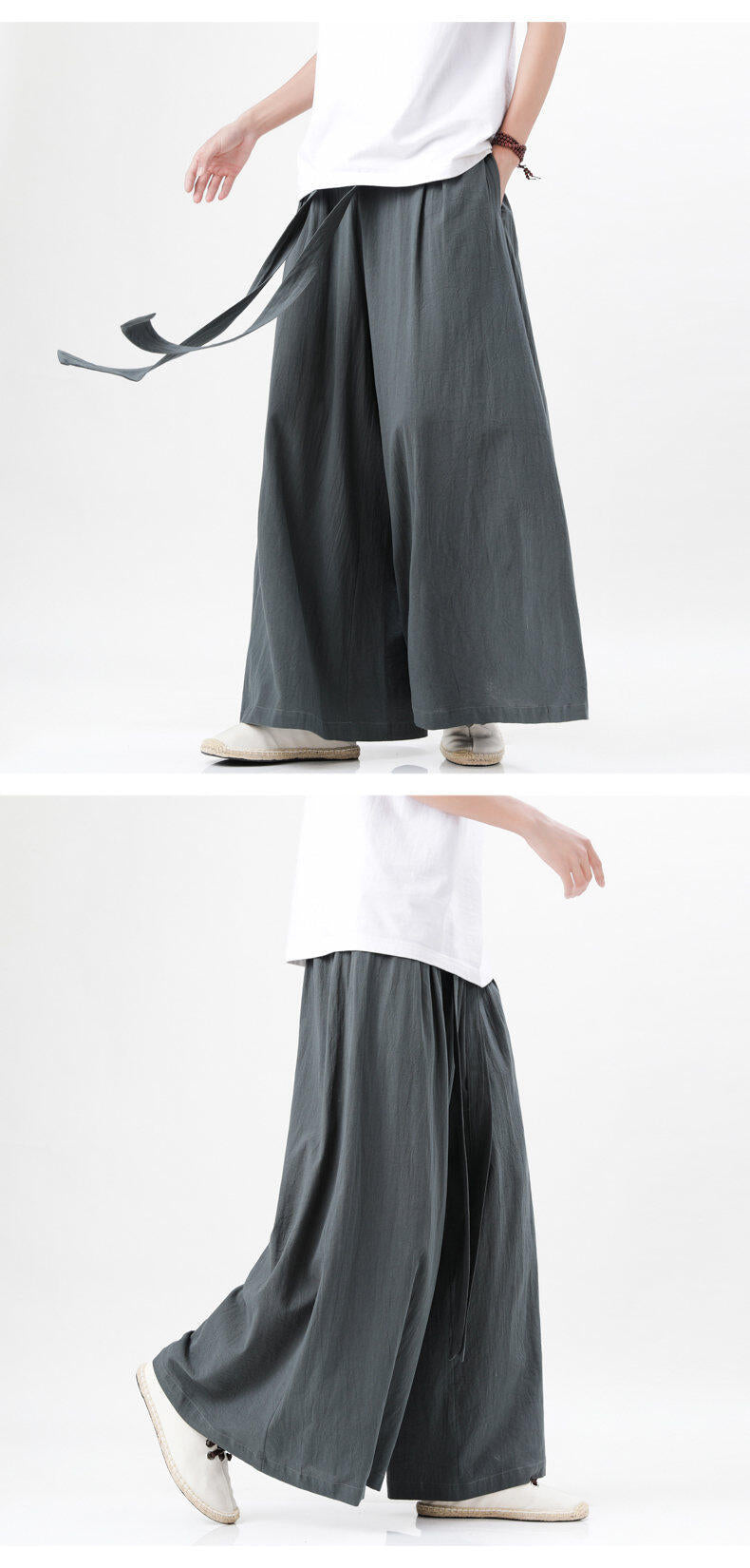 Mens Chinese Style Hanfu Linen Nine Point Retro Wide Leg Pants