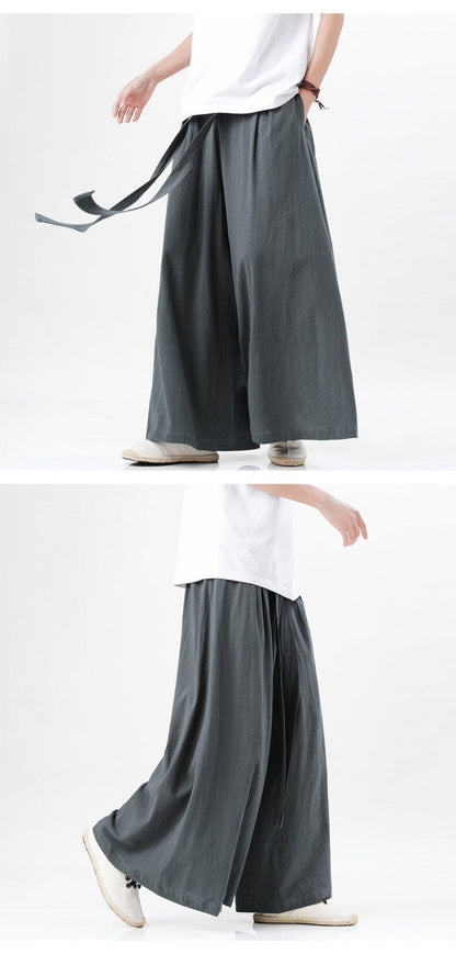 Mens Chinese Style Hanfu Linen Nine Point Retro Wide Leg Pants
