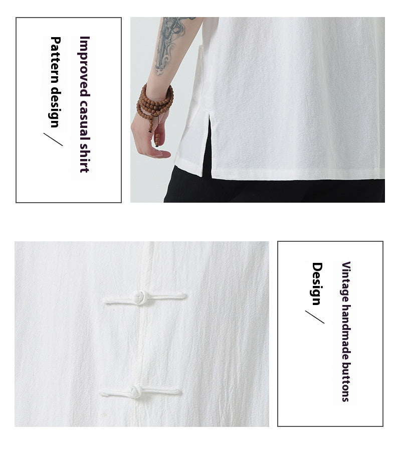 Chinese Style Mens Cotton Linen Shirt Half Sleeve Button Up Casual Top