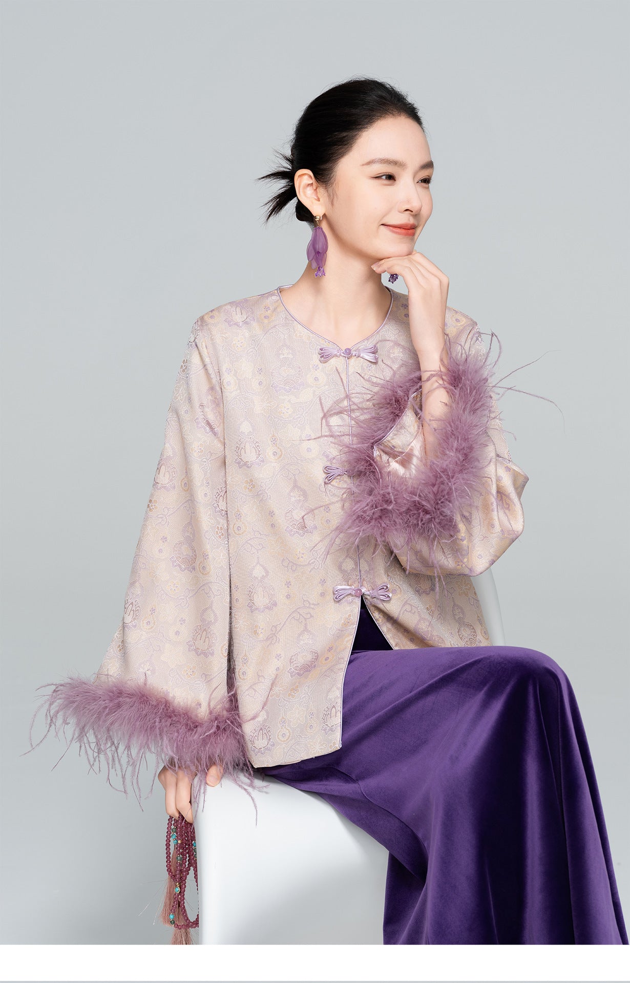 Stylish Satin Jacket with Unique Furry Sleeves