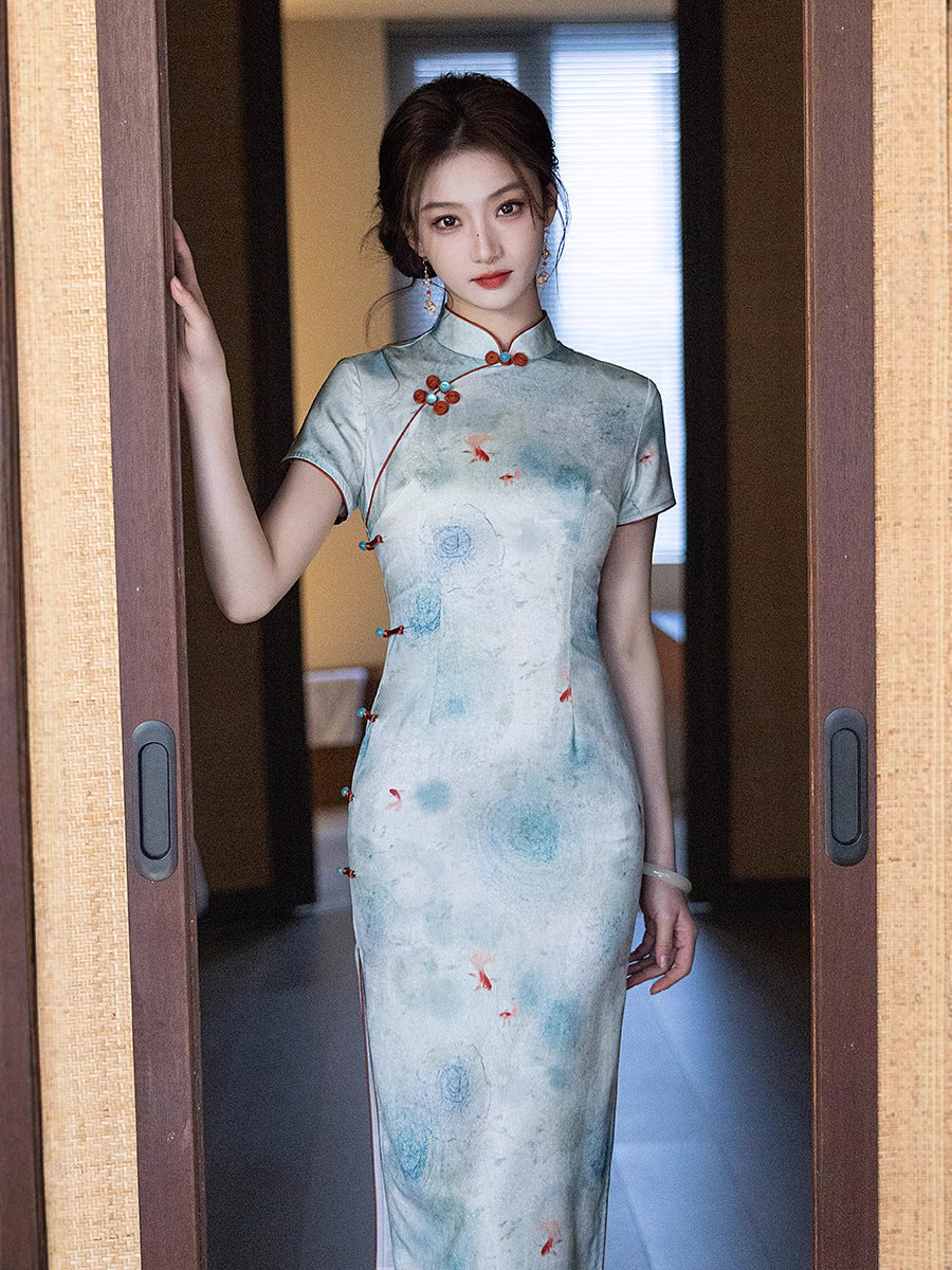 Elegant Blue Cheongsam – Daily Wear 2025 Spring Dress