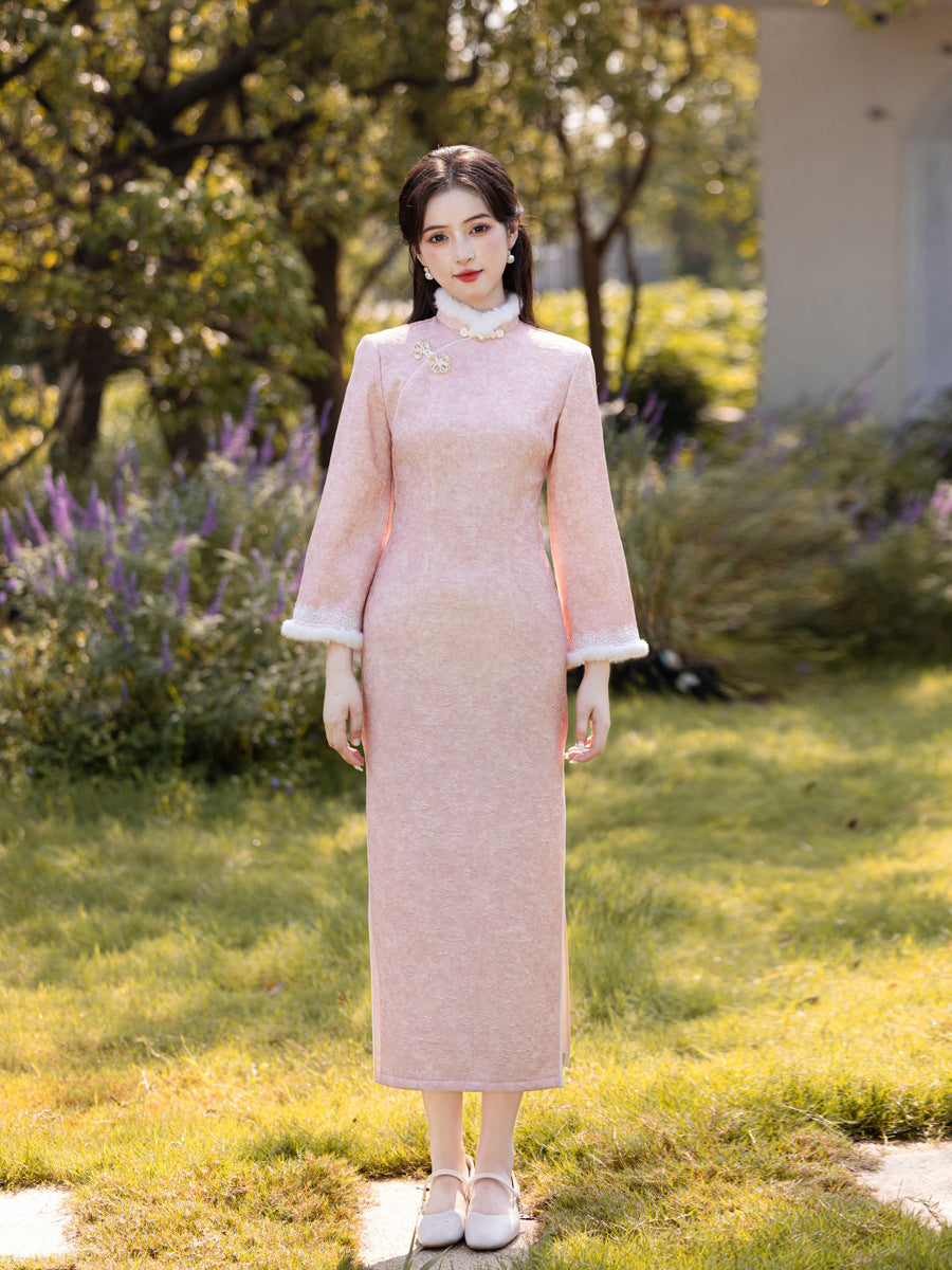 2025 New Pink Chinese Style Qipao | Warm Elegant Thickened Winter Dress